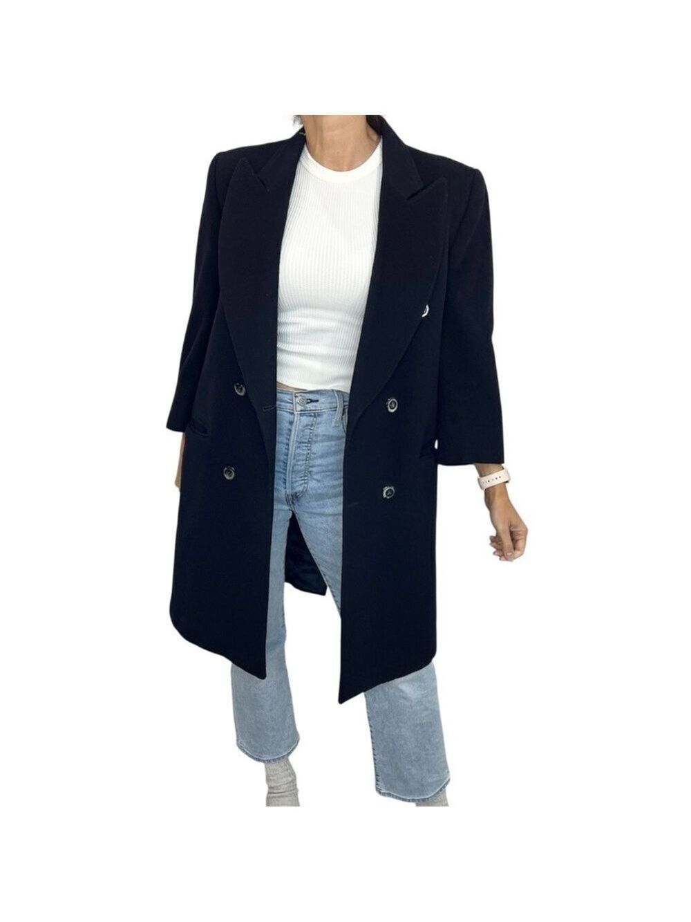 Vintage 70s 80s Italian made wool blend tailored double breasted blue over coat